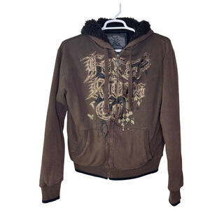 Fox Sasquatch Hoodie Mens Large Brown Full Zip Faux Fur Lined Y2K BMX Streetwear
